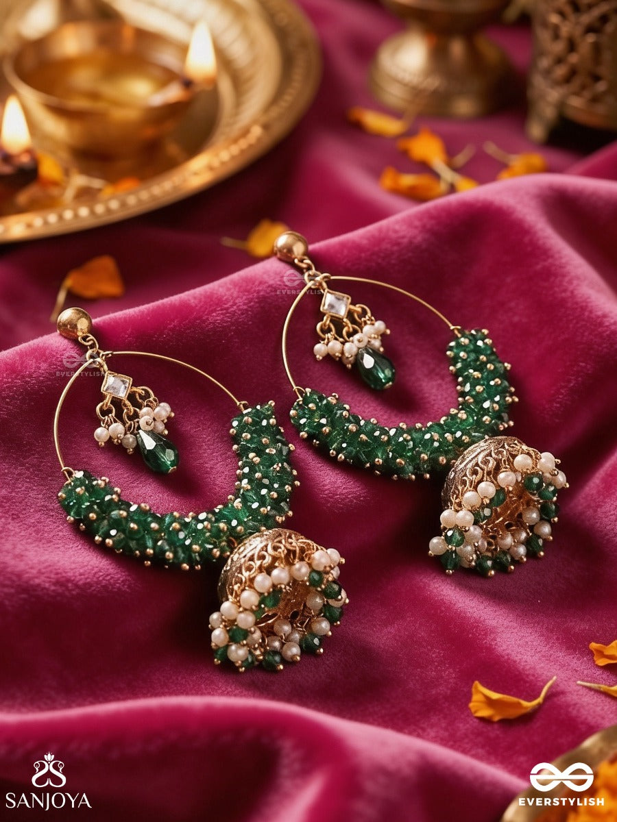 Meenakiran – Enamelled Ray – Elegant Earrings With Green Stone Beadwork, Pearl-Top Detail And Dainty Gold-Tone Jhumka Danglers