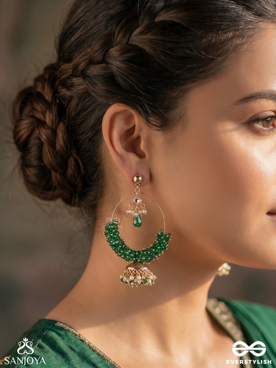 Meenakiran – Enamelled Ray – Elegant Earrings With Green Stone Beadwork, Pearl-Top Detail And Dainty Gold-Tone Jhumka Danglers