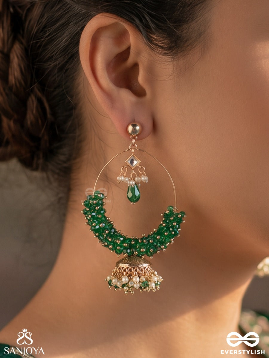 Meenakiran – Enamelled Ray – Elegant Earrings With Green Stone Beadwork, Pearl-Top Detail And Dainty Gold-Tone Jhumka Danglers