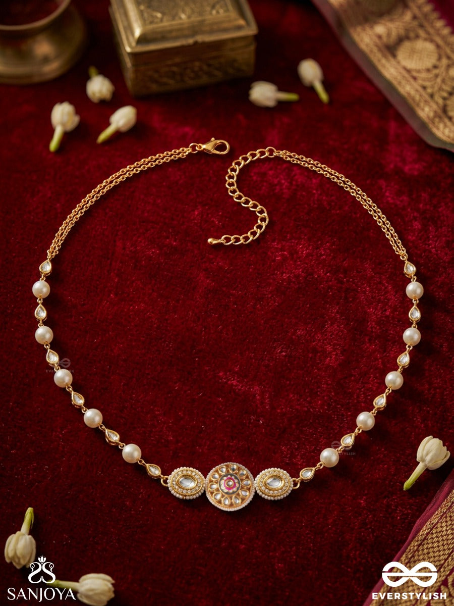 Nirmalkati – Pure Waist Beauty – Delicate Waist Chain With Slender Pearl-Lined Detailing, Ornamental Center Motif And Gold-Tone Chain Finish