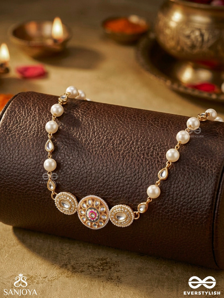 Nirmalkati – Pure Waist Beauty – Delicate Waist Chain With Slender Pearl-Lined Detailing, Ornamental Center Motif And Gold-Tone Chain Finish