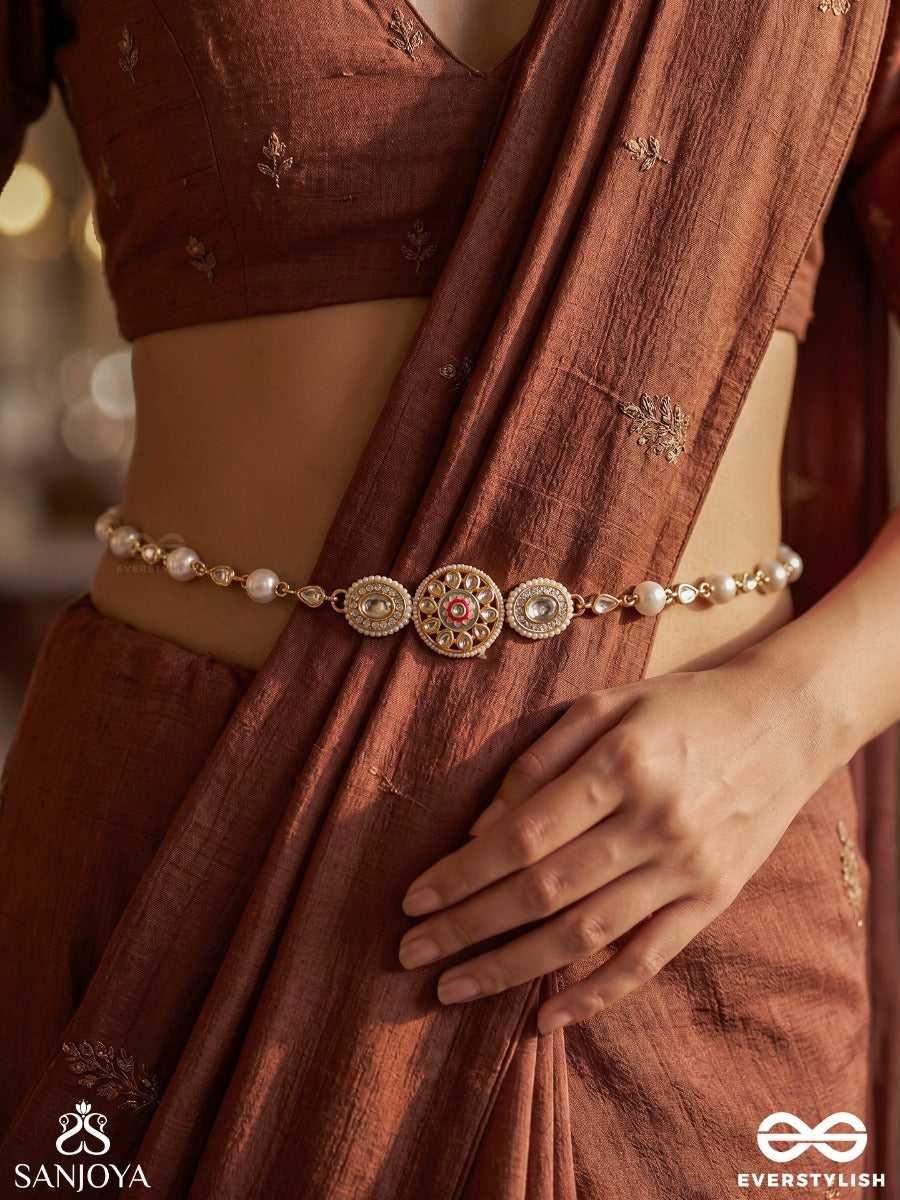 Nirmalkati – Pure Waist Beauty – Delicate Waist Chain With Slender Pearl-Lined Detailing, Ornamental Center Motif And Gold-Tone Chain Finish