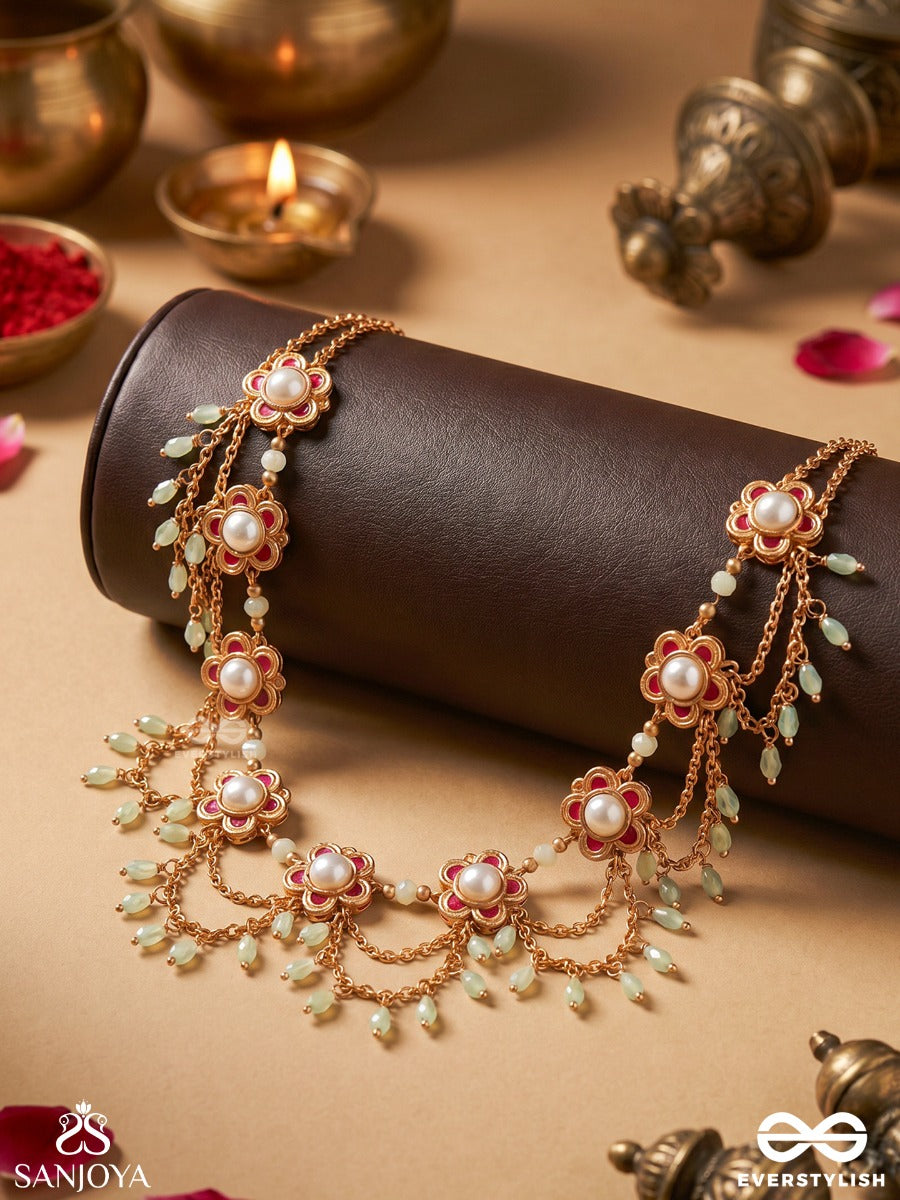 Somkusuma – Moon Bloom – Ornate Necklace With Repeated Crescent Motifs, Floral Center Details And Delicate Bead-Lined Accents