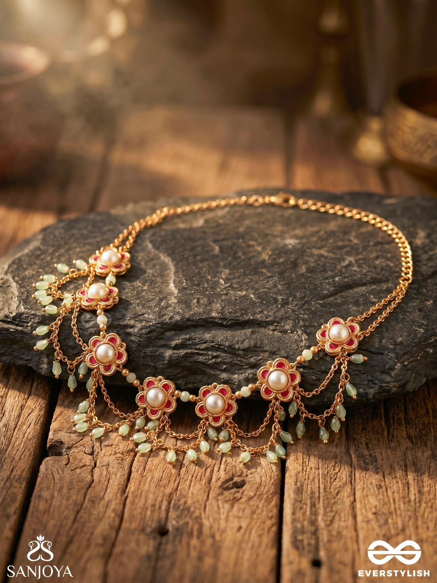 Somkusuma – Moon Bloom – Ornate Necklace With Repeated Crescent Motifs, Floral Center Details And Delicate Bead-Lined Accents