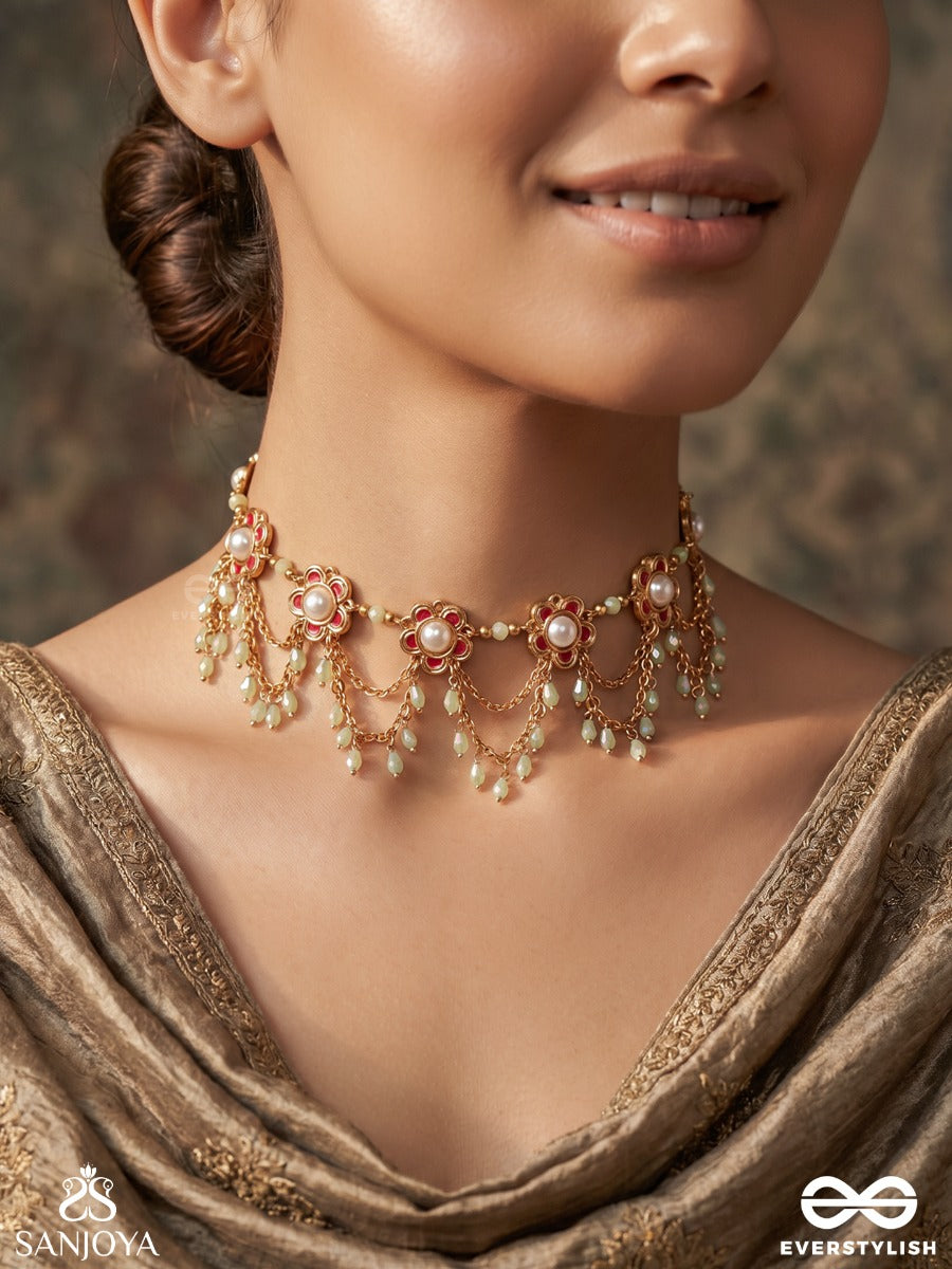 Somkusuma – Moon Bloom – Ornate Necklace With Repeated Crescent Motifs, Floral Center Details And Delicate Bead-Lined Accents
