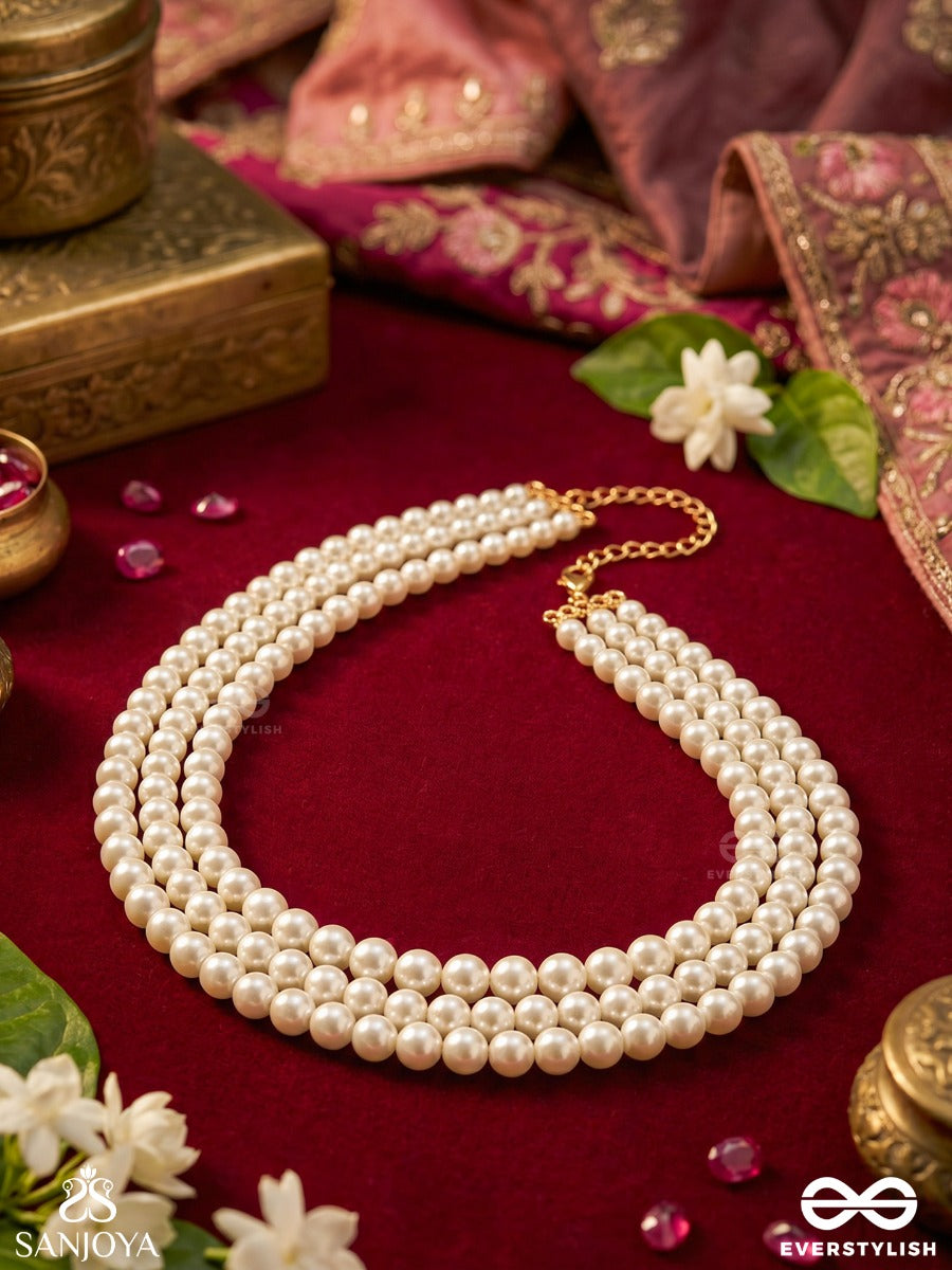 Shwetamaala – White Garland – Ornate Necklace With Flowing Pearl Rows, Refined Strand Detailing And Minimal Gold-Tone Extensions