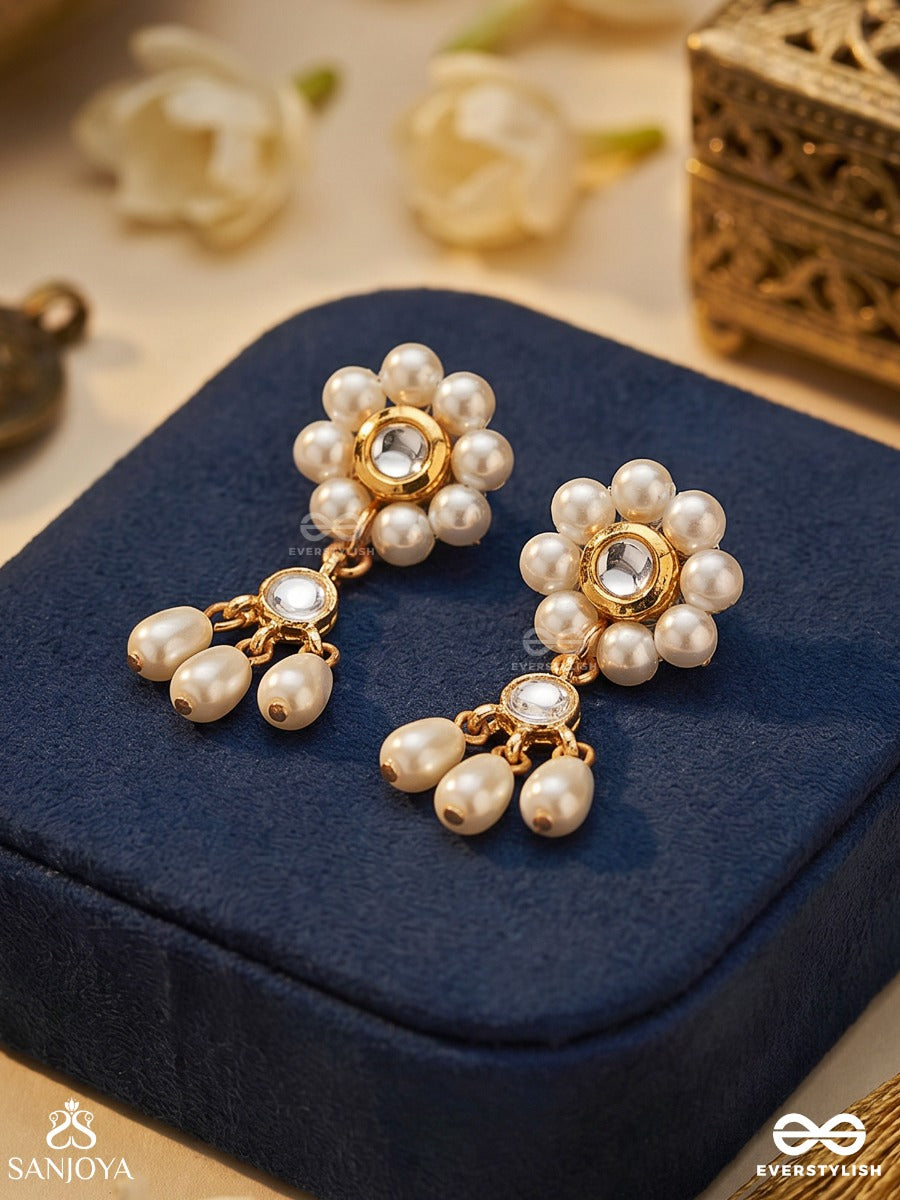 Pushpavahi – Flow Of Blossoms – Elegant Earrings With Pearl-Edged Floral Top, Delicate Gold-Tone Framework And Soft Blush Drop Danglers