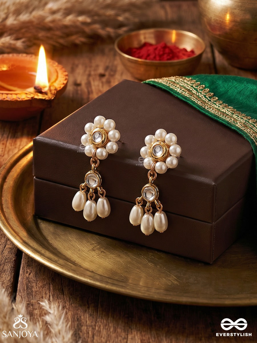 Pushpavahi – Flow Of Blossoms – Elegant Earrings With Pearl-Edged Floral Top, Delicate Gold-Tone Framework And Soft Blush Drop Danglers