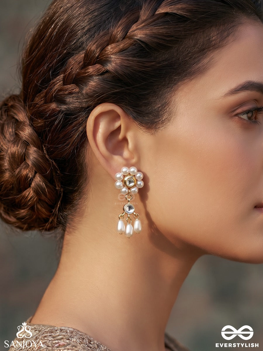Pushpavahi – Flow Of Blossoms – Elegant Earrings With Pearl-Edged Floral Top, Delicate Gold-Tone Framework And Soft Blush Drop Danglers