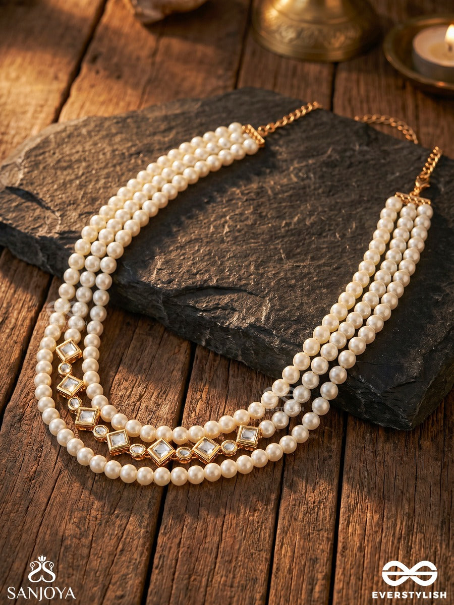 Hansika – Swan-Like Beauty – Elegant Necklace With Layered White Bead Strands, Square Gold-Tone Links And Refined Occasion Detailing