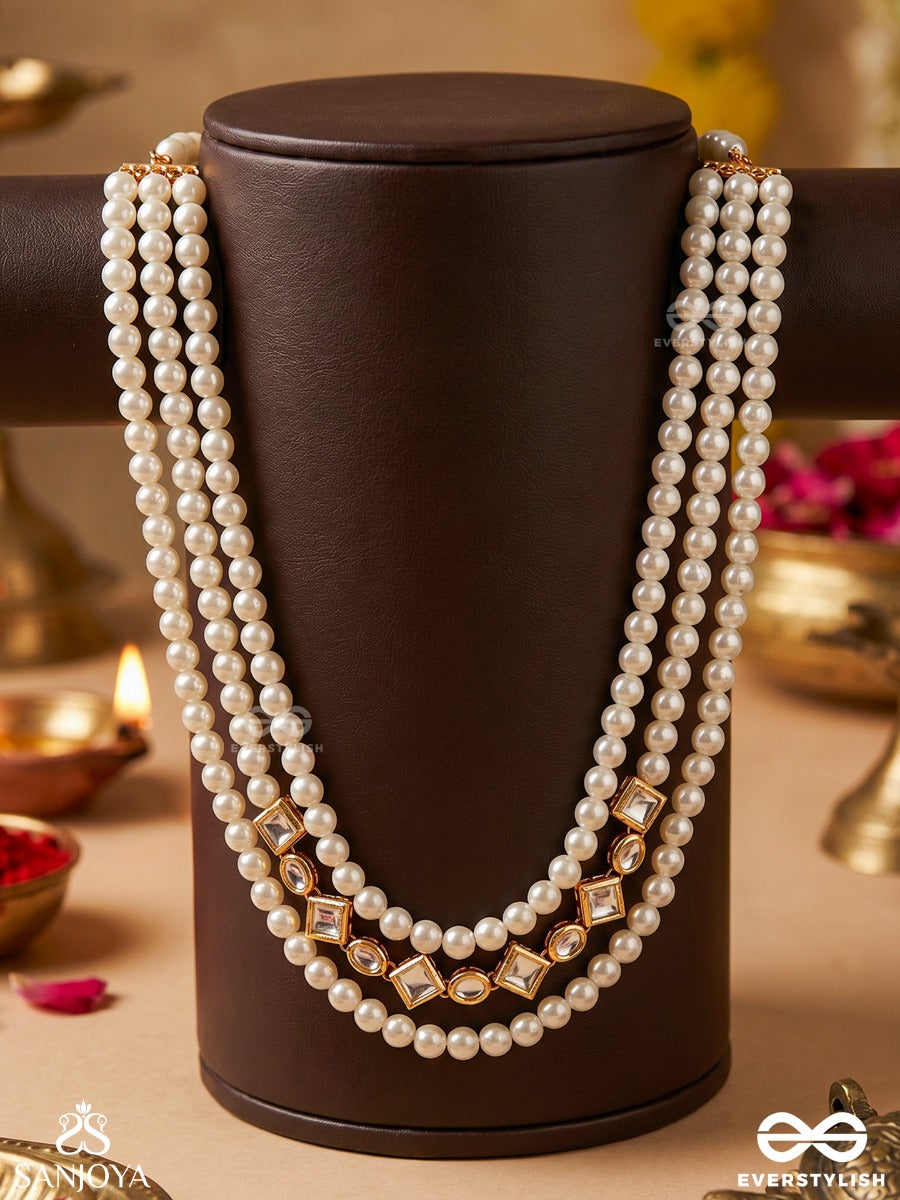 Hansika – Swan-Like Beauty – Elegant Necklace With Layered White Bead Strands, Square Gold-Tone Links And Refined Occasion Detailing