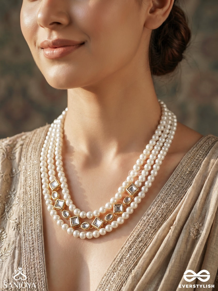 Hansika – Swan-Like Beauty – Elegant Necklace With Layered White Bead Strands, Square Gold-Tone Links And Refined Occasion Detailing