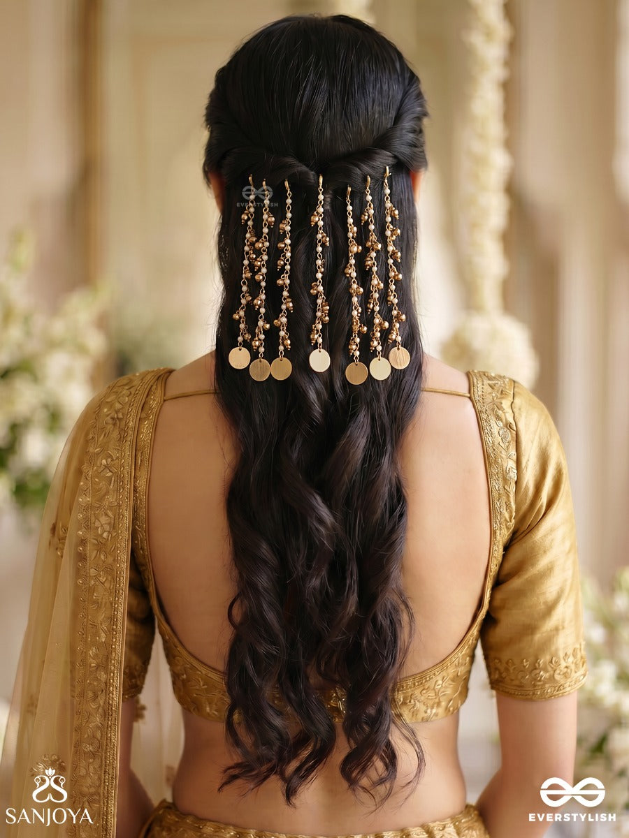 Sutrashri – Thread Of Grace – Elegant Hair Accessory Set Of 7 With Fine Linear Details, Golden Beadwork And Soft Ornamental Finish