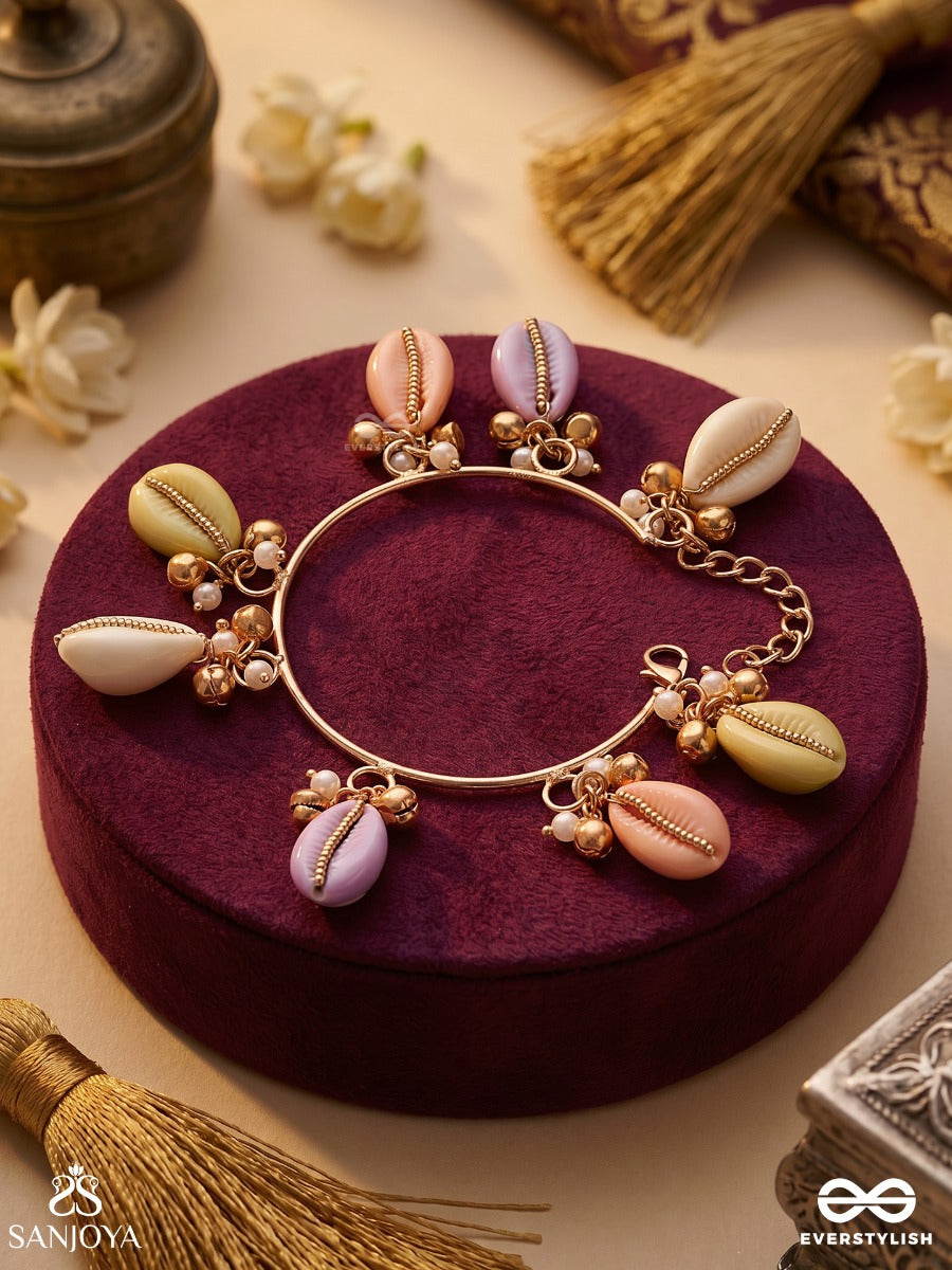 Rangkavya – Poem Of Colours – Ornate Single Piece Bracelet With Pastel Shell Charms, Gold-Tone Bead Details And Delicate Dangling Accents