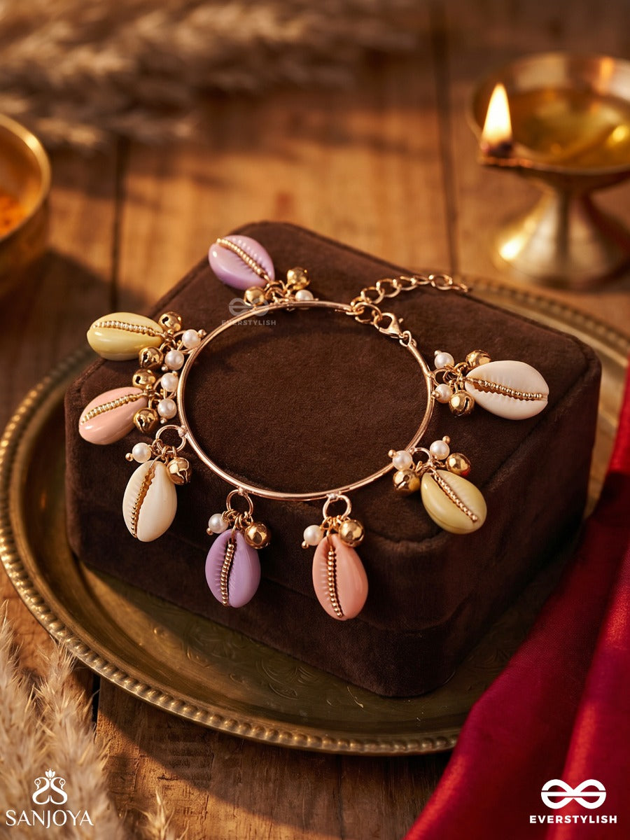 Rangkavya – Poem Of Colours – Ornate Single Piece Bracelet With Pastel Shell Charms, Gold-Tone Bead Details And Delicate Dangling Accents