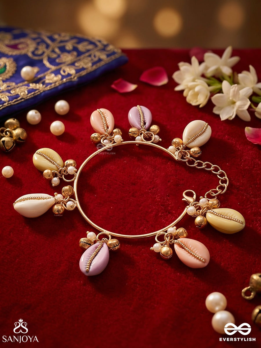 Rangkavya – Poem Of Colours – Ornate Single Piece Bracelet With Pastel Shell Charms, Gold-Tone Bead Details And Delicate Dangling Accents