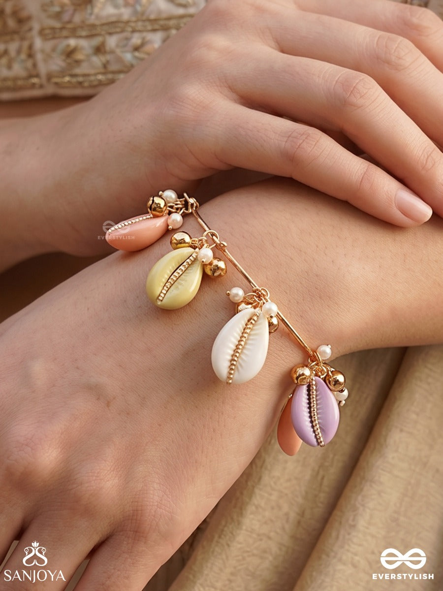 Rangkavya – Poem Of Colours – Ornate Single Piece Bracelet With Pastel Shell Charms, Gold-Tone Bead Details And Delicate Dangling Accents