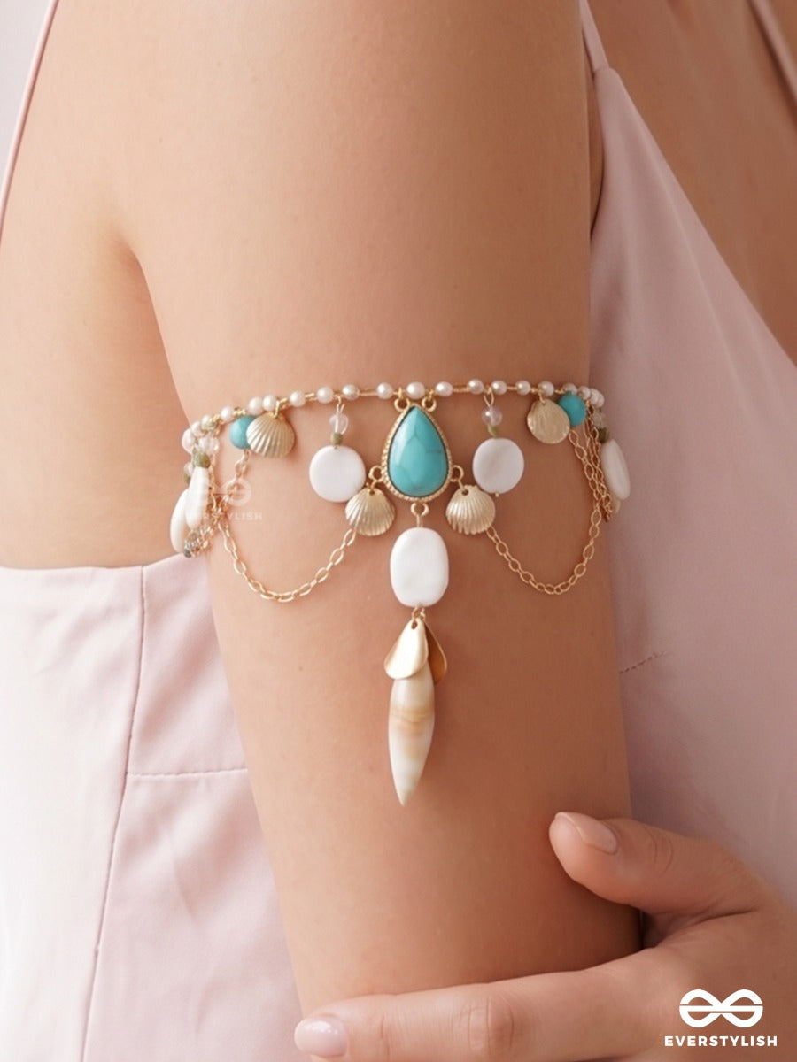 Tarashankh – Starry Shell – Festive Single Armlet With Turquoise Teardrop Motif, Golden Shell Charms And Soft Pastel Bead Hangings