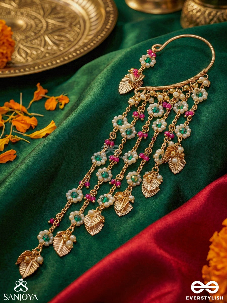 Rangpatri – Coloured Foliage – Ornate Single Earcuff With Curved Gold-Tone Form, Multi-Colour Bead Strands And Delicate Leaf Charm Danglers