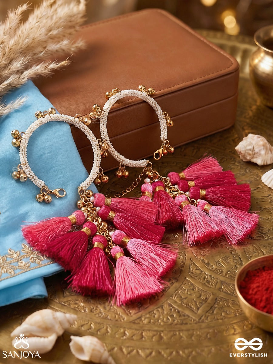 Gulabjhari – Rose Cascade – Festive Bangles Set Of 2 With Bright Pink Tassel Charms, Gold-Tone Bead Details And Delicate Dangling Accents