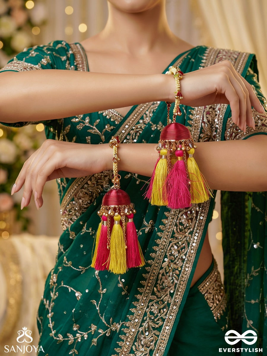 Phoollehari – Flow Of Blossoms – Festive Bangles Set Of 2 With Vibrant Tassel Charms, Gold-Tone Details And Playful Dangling Accents