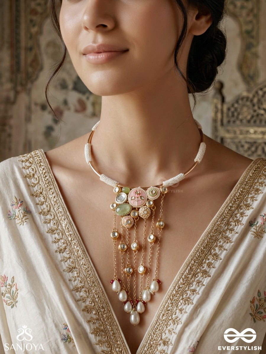 Kanthraaga – Melody Of The Neck – Ornate Hasli Necklace With Rigid Gold-Tone Collar, Colourful Thread Tassels, Pearl Accents And Dangling Bead Details