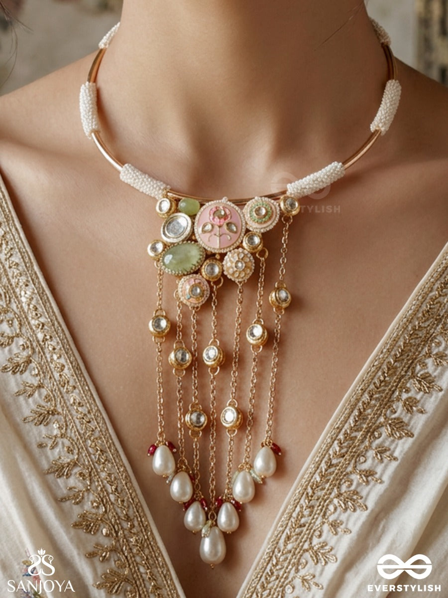 Kanthraaga – Melody Of The Neck – Ornate Hasli Necklace With Rigid Gold-Tone Collar, Colourful Thread Tassels, Pearl Accents And Dangling Bead Details