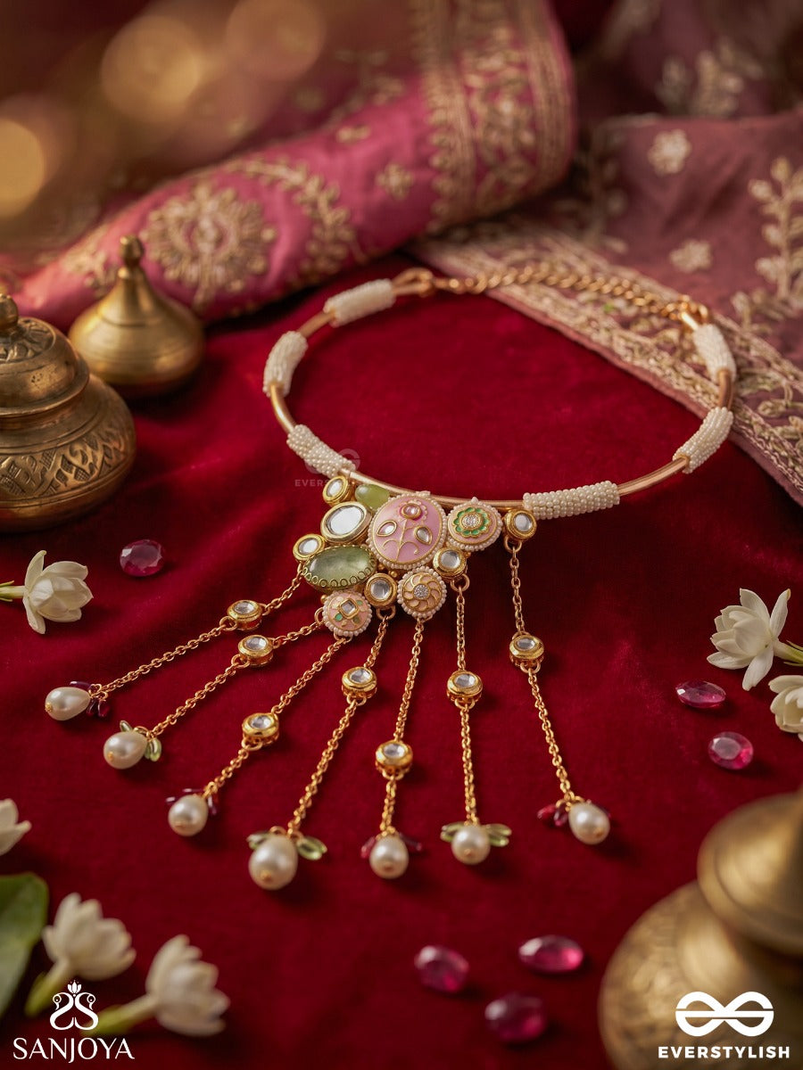 Kanthraaga – Melody Of The Neck – Ornate Hasli Necklace With Rigid Gold-Tone Collar, Colourful Thread Tassels, Pearl Accents And Dangling Bead Details
