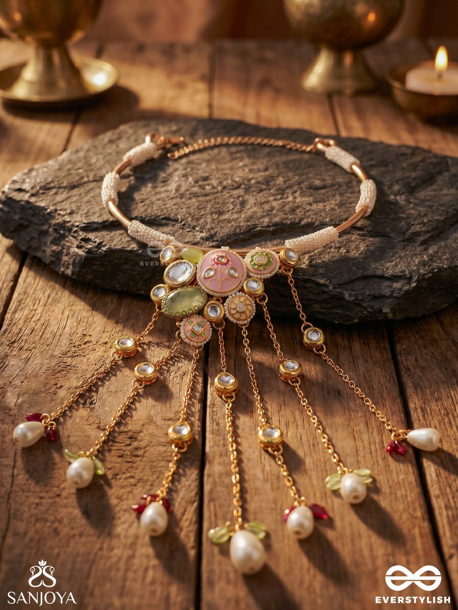 Kanthraaga – Melody Of The Neck – Ornate Hasli Necklace With Rigid Gold-Tone Collar, Colourful Thread Tassels, Pearl Accents And Dangling Bead Details