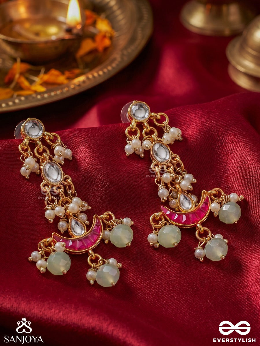 Mrinaya – Tender Bloom – Elegant Earrings With Oval Top Motifs, Layered Chain Details, Soft-Red Crescent And Soft Pearl-Bead Danglers