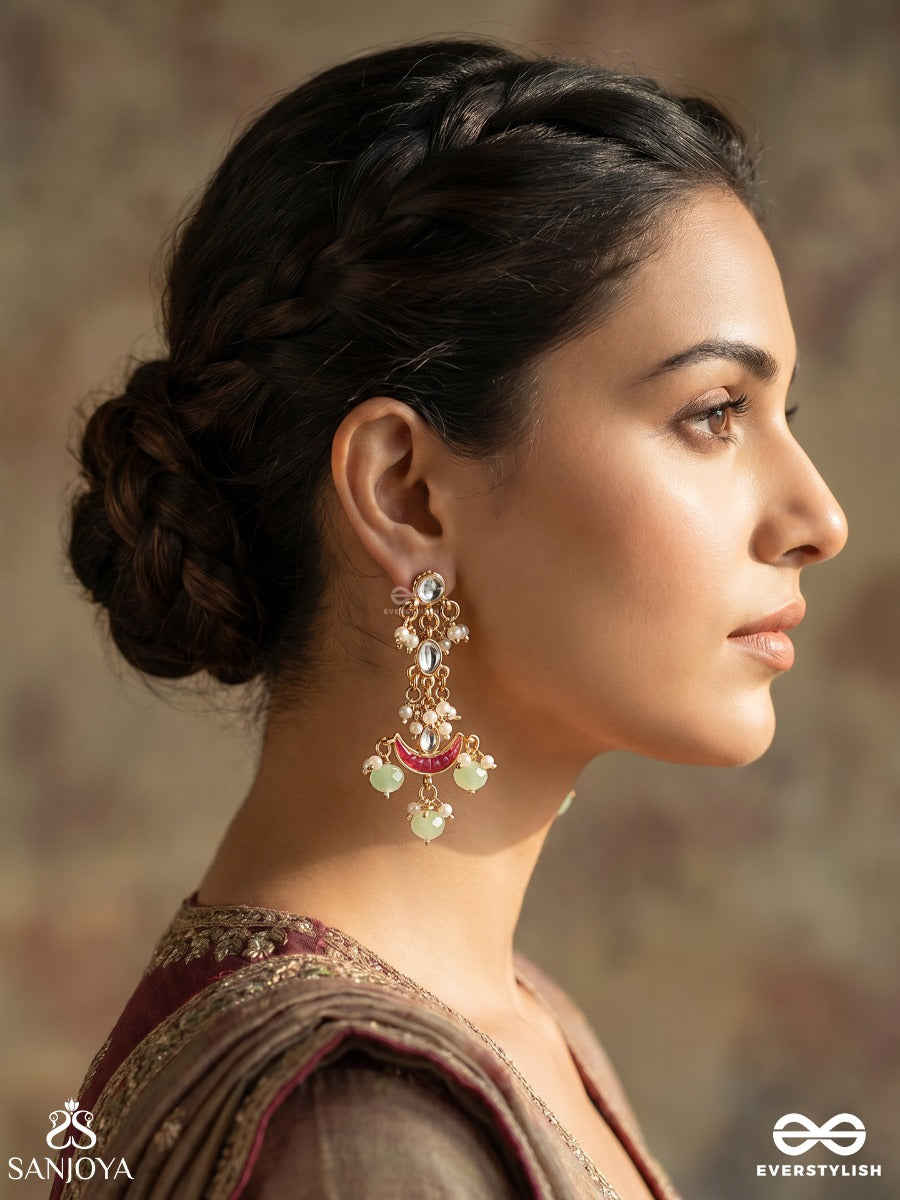 Mrinaya – Tender Bloom – Elegant Earrings With Oval Top Motifs, Layered Chain Details, Soft-Red Crescent And Soft Pearl-Bead Danglers