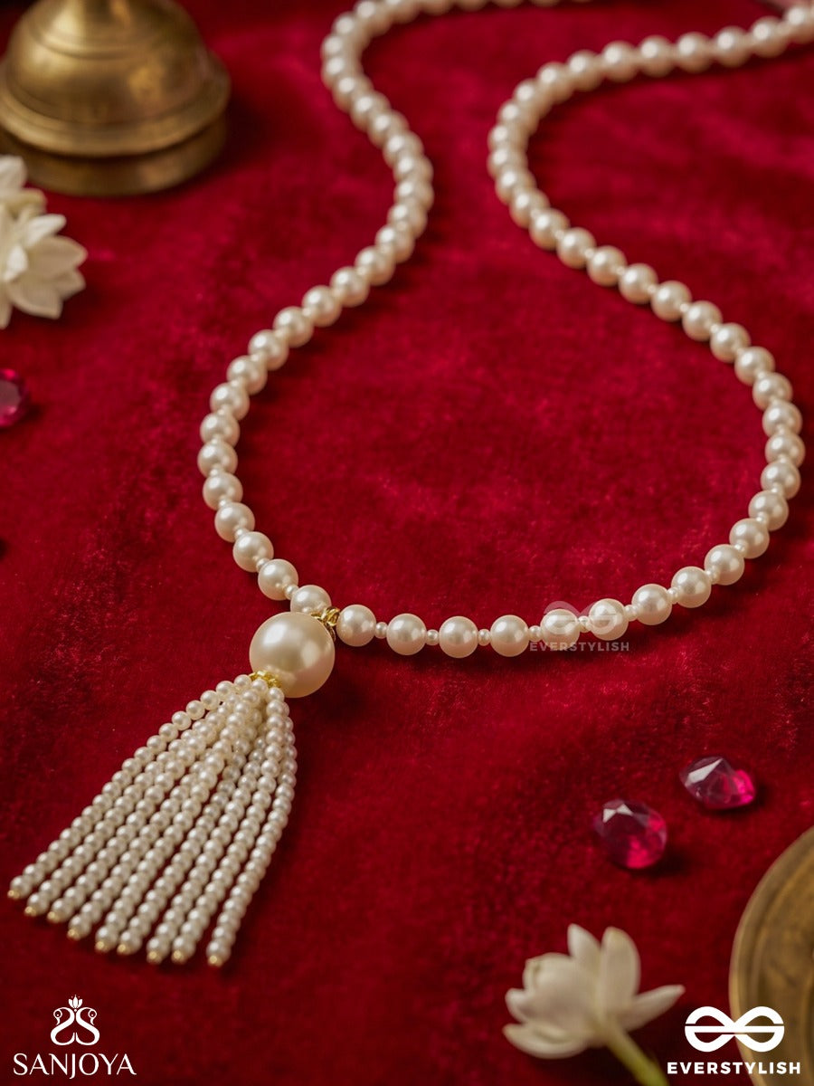 Shwetadhara – White Stream – Elegant Pearl Wrap Necklace With Delicate White Bead Strands, A Tassel-Style Drop And Soft Classic Charm