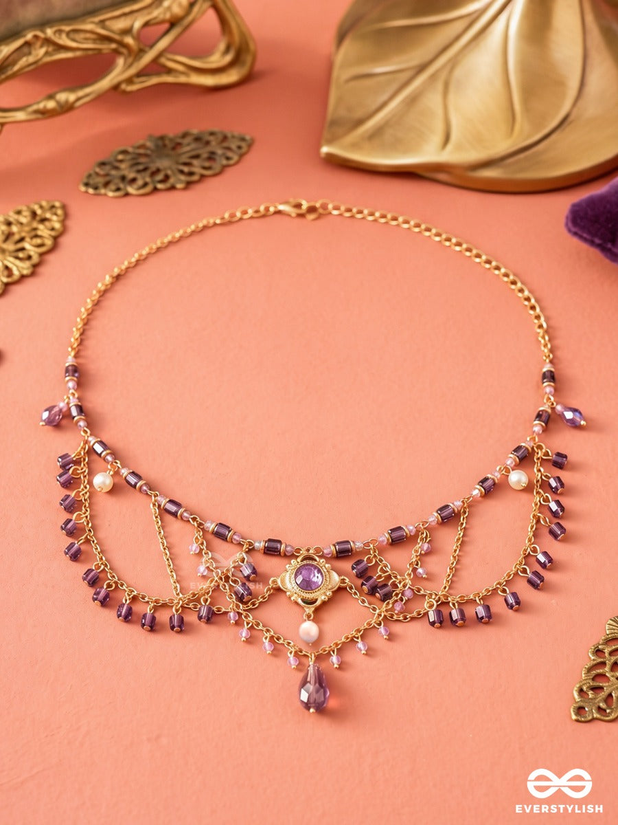 Plum Poetry – Layered Crystal Drape Beaded Necklace With Pearl Drop