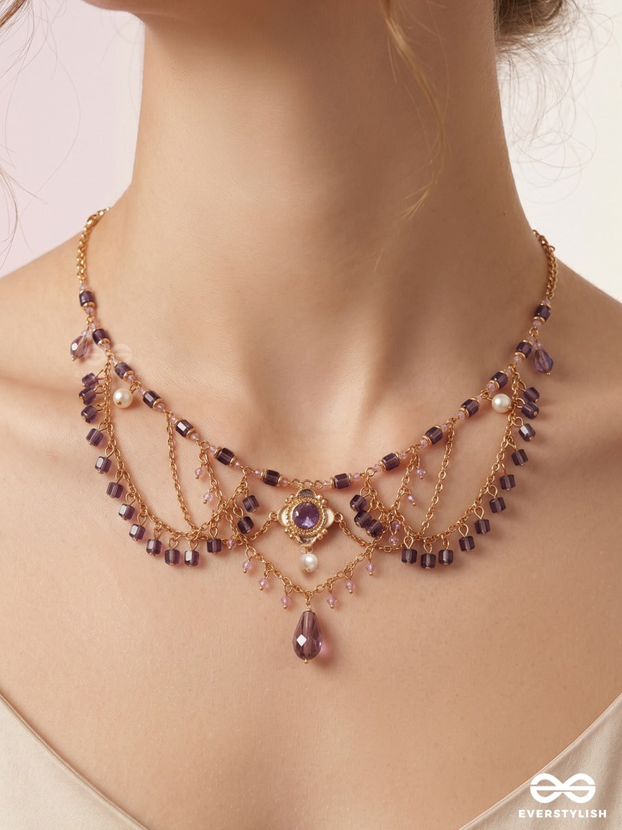 Plum Poetry – Layered Crystal Drape Beaded Necklace With Pearl Drop