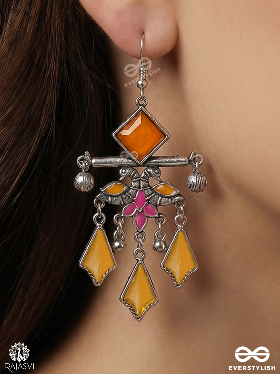 Kanchanika – Oxidised Enamel Earrings With Amber Diamond Motifs, Pink Floral Details And Ghungroo Drops