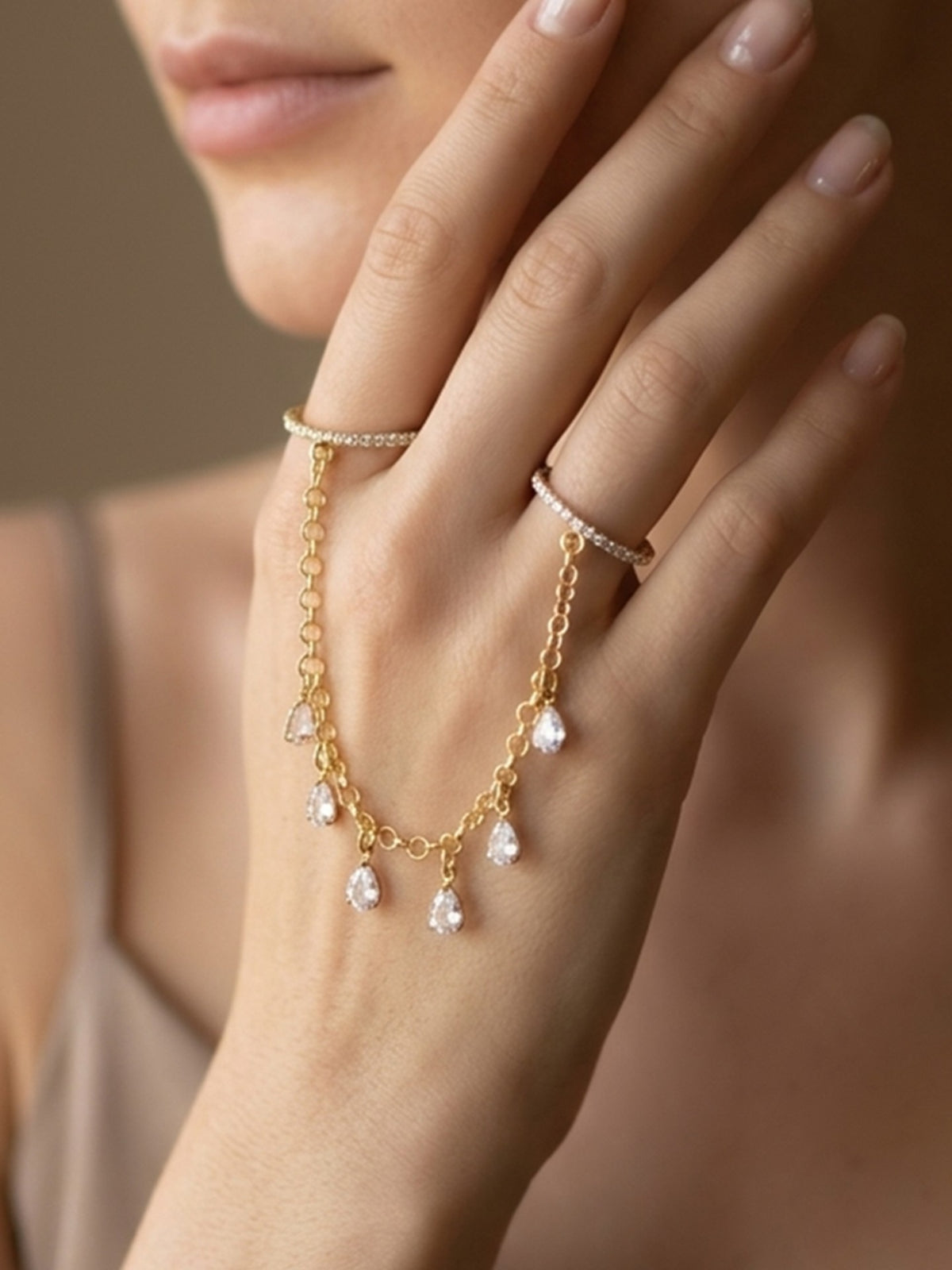 Two In Sync - Gold-Tone Connected Double Finger Ring With Crystal Charms And Delicate Chain Details