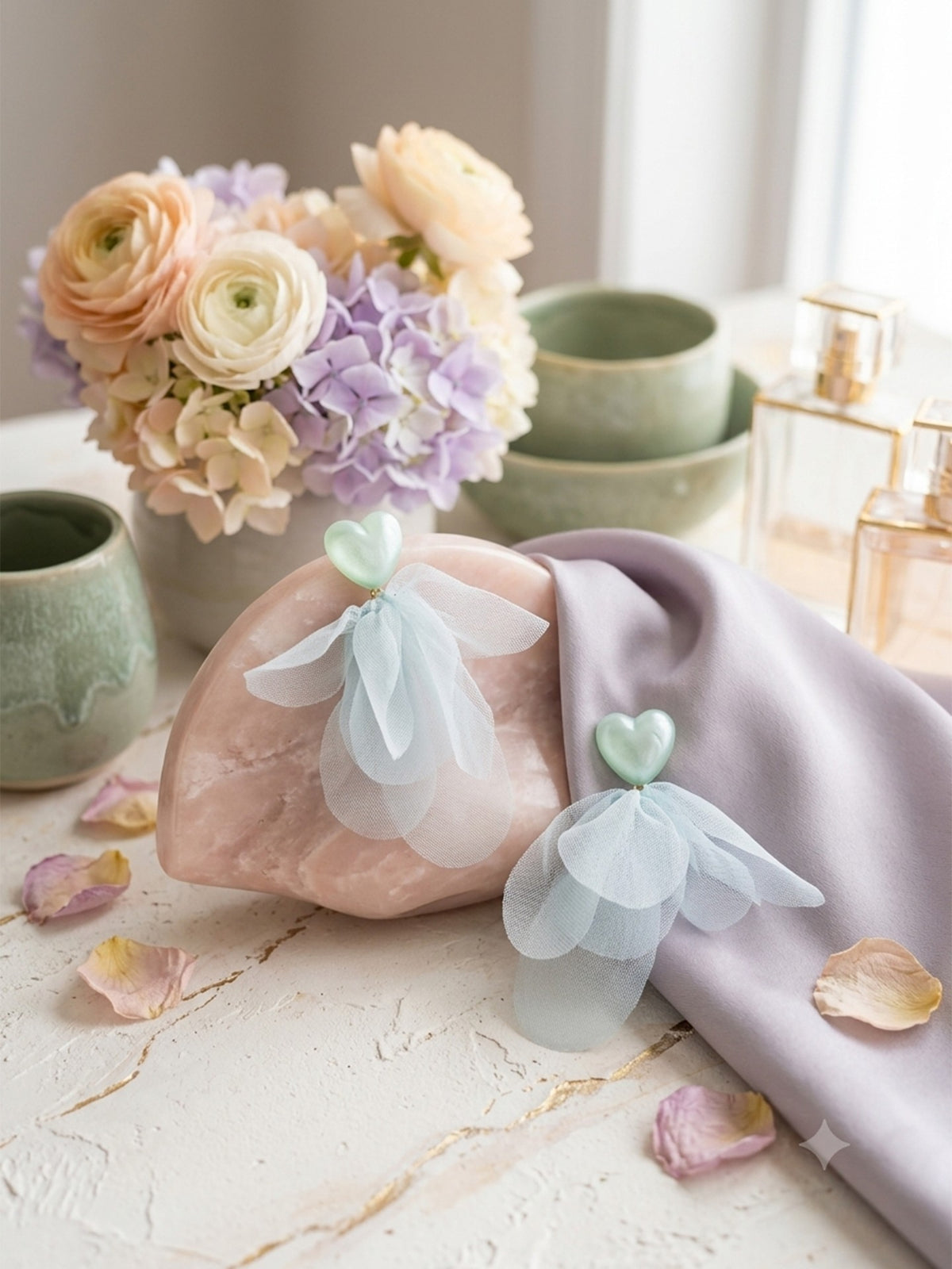 Mint Fairy - Soft Green Organza Petal Drop Earrings