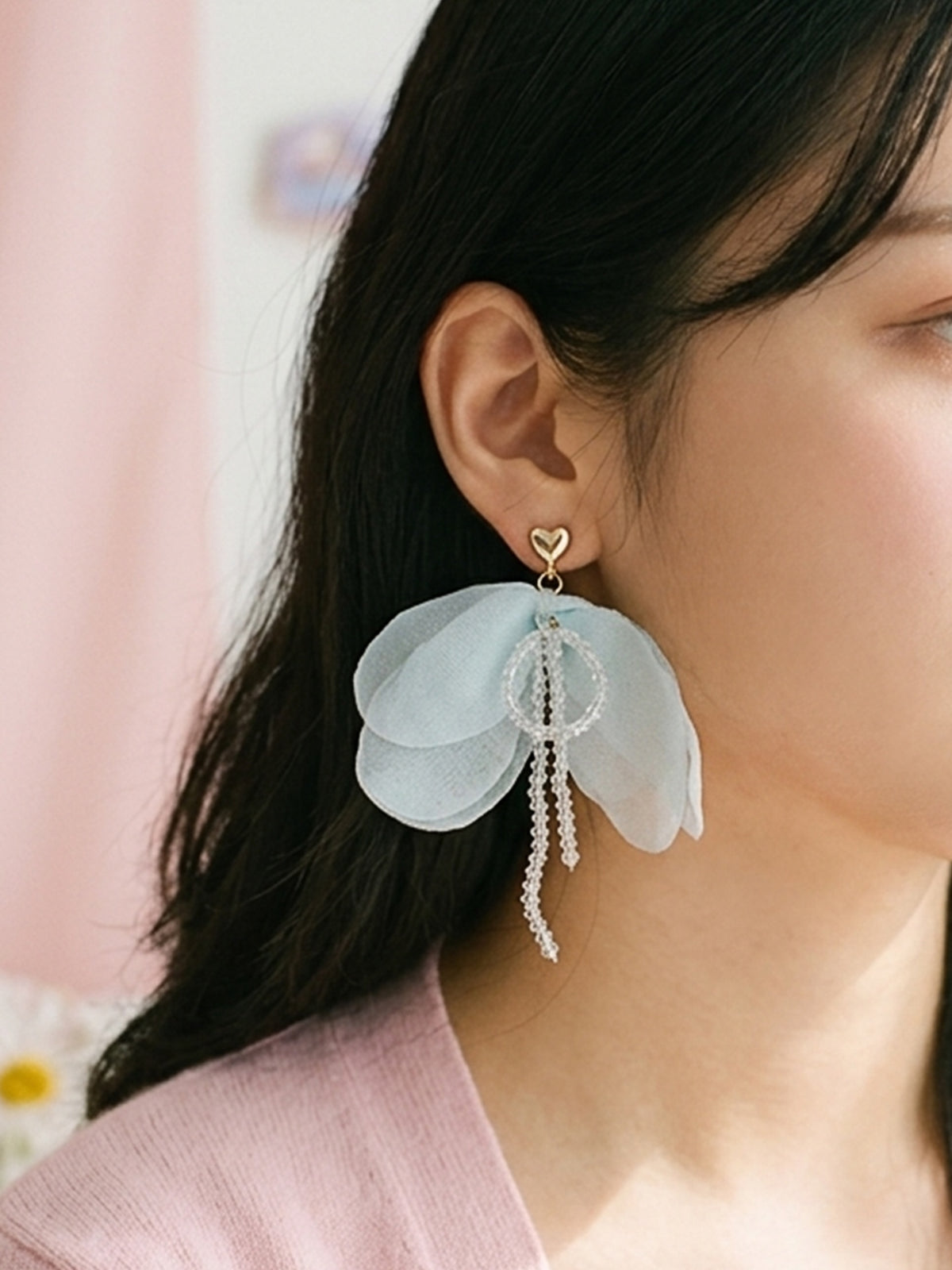 Cloud Nine - Powder Blue Organza Petal Earrings With Beaded Details