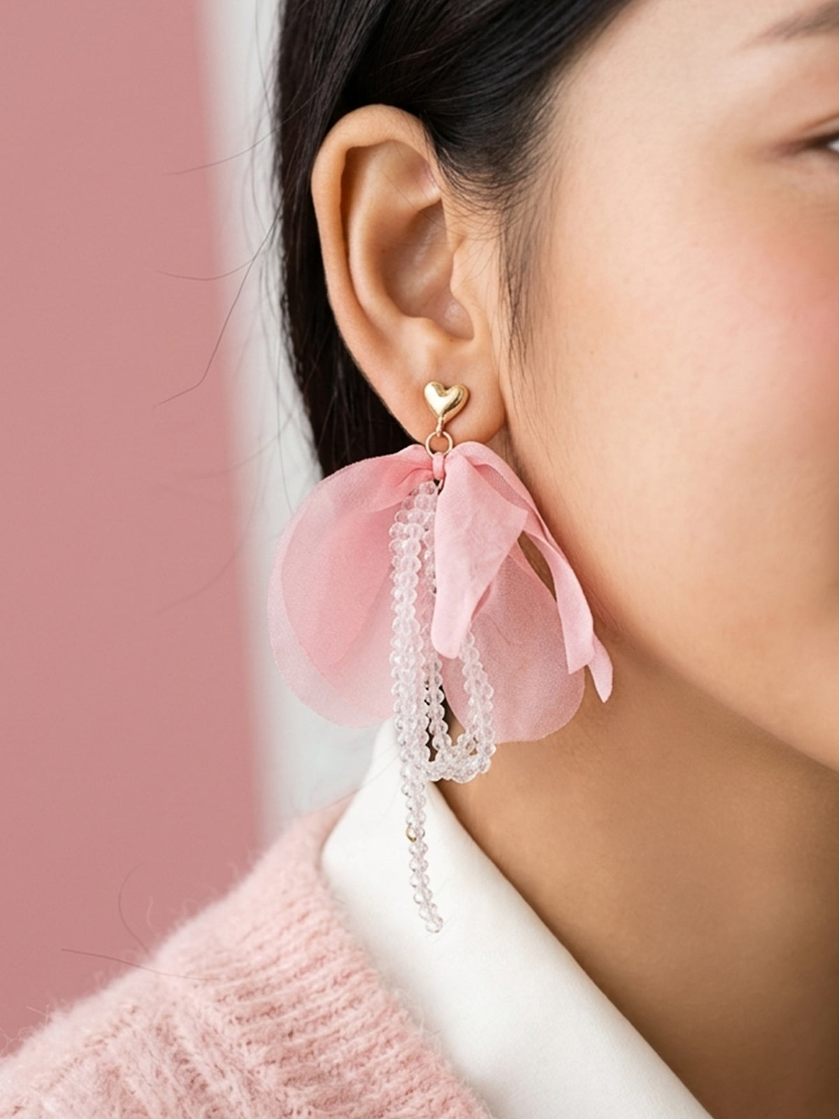 Pink Cloud - Blush Pink Floral Earrings With Beaded Details