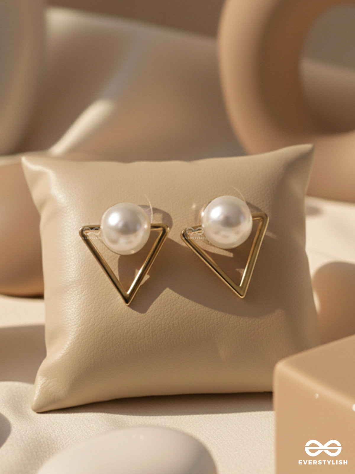 Gorgeous Pearl Embedded In Golden Triangle Earrings