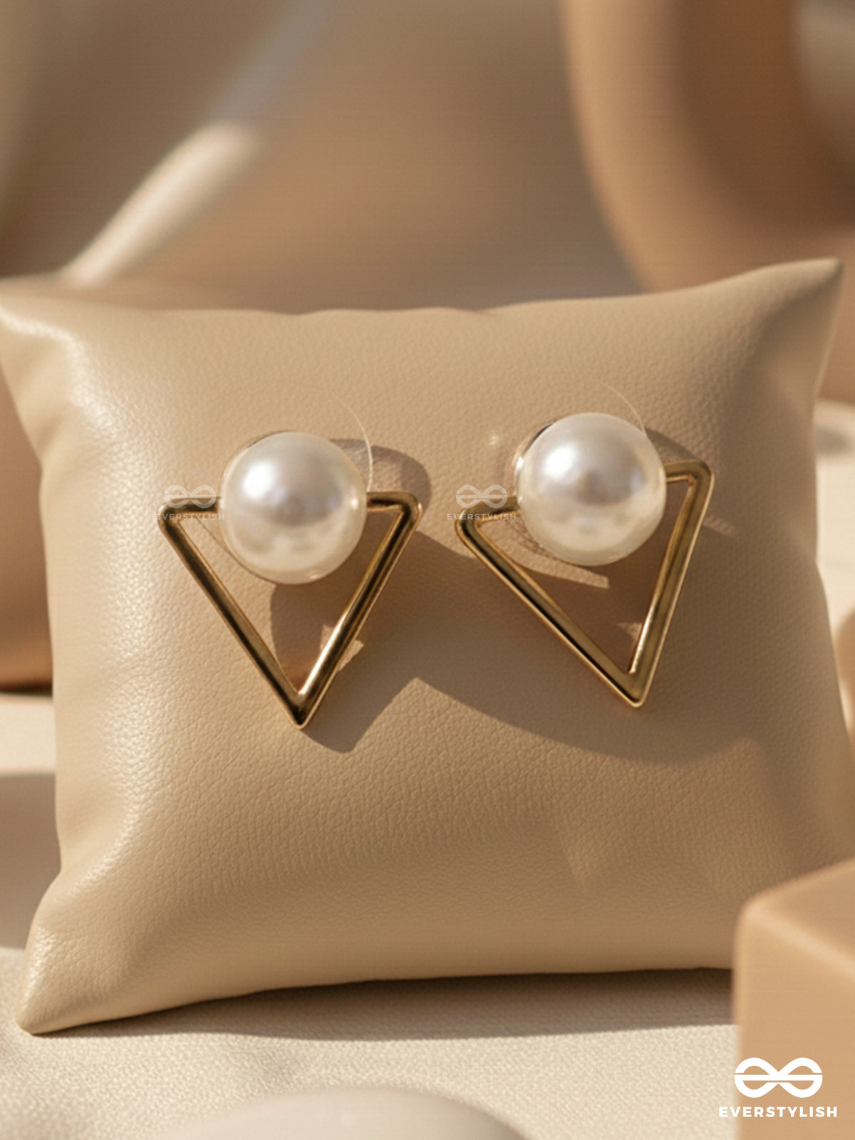 Gorgeous Pearl Embedded In Golden Triangle Earrings