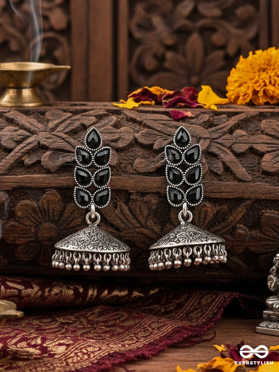 The Olive Branch Intricate Jhumkis - Onyx Black - The Embellished Oxidised Collection
