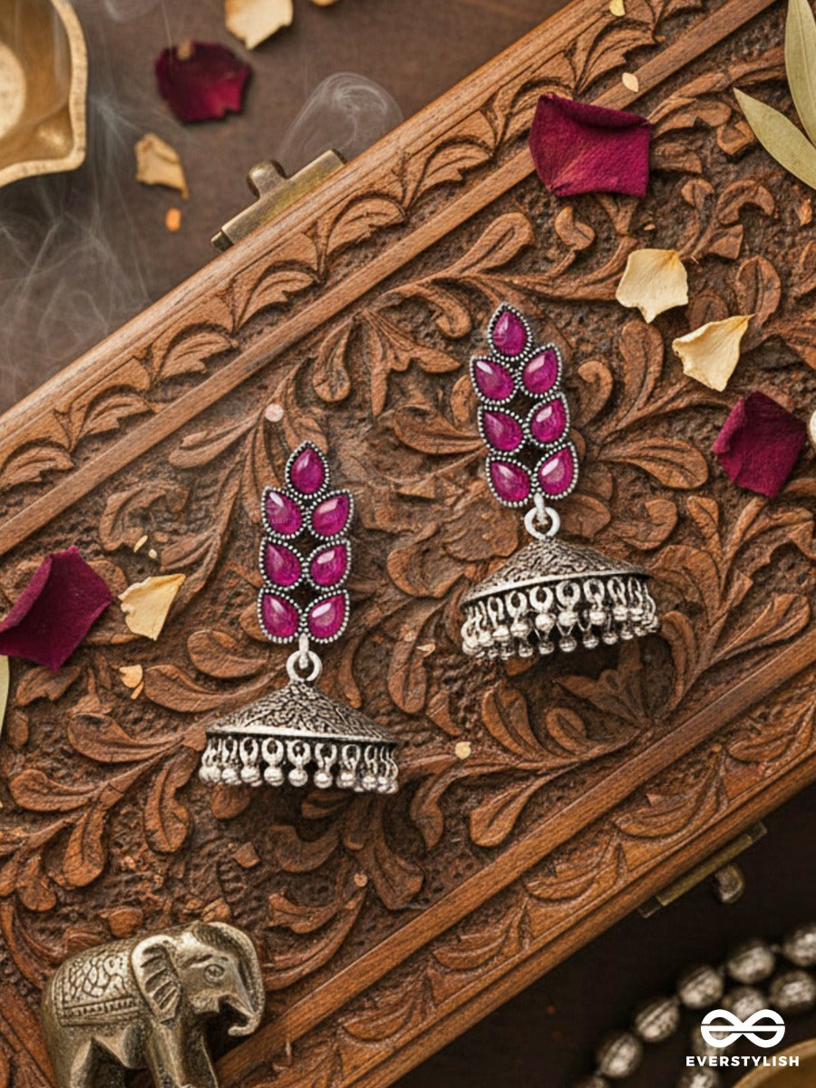 The Olive Branch Intricate Jhumkis - Ruby Red - The Embellished Oxidised Collection