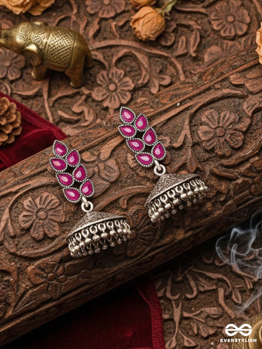 The Olive Branch Intricate Jhumkis - Ruby Red - The Embellished Oxidised Collection