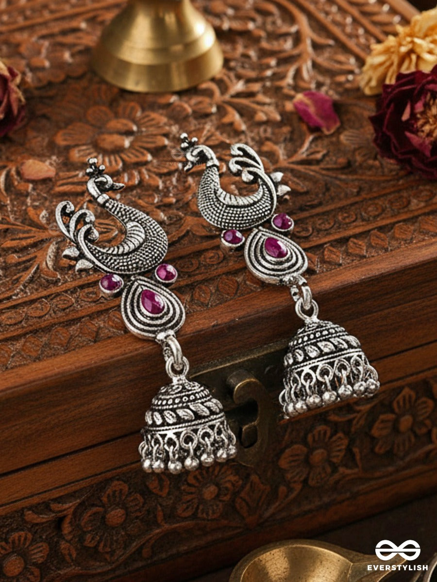 The Dangling Peacock Jhumkis (Ruby Red) - The Embellished Oxidised Collection