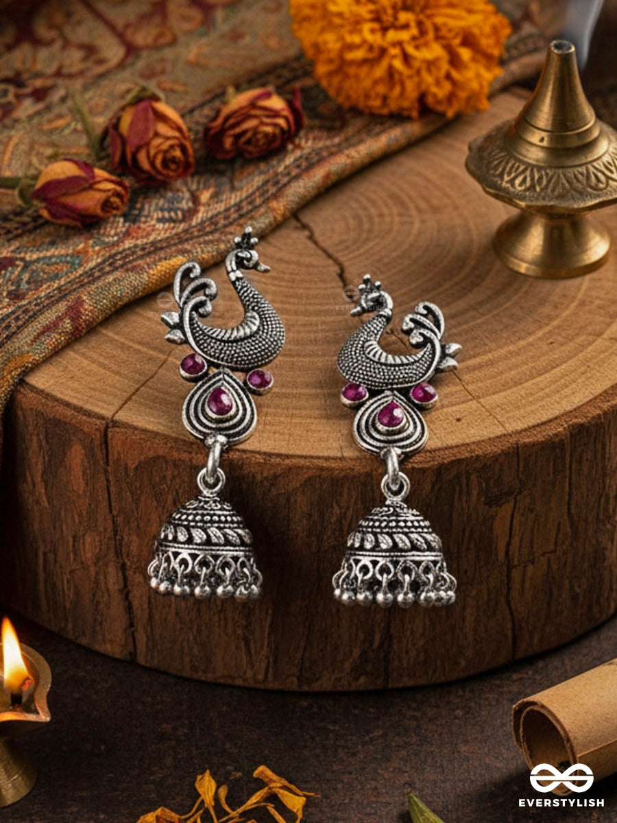 The Dangling Peacock Jhumkis (Ruby Red) - The Embellished Oxidised Collection