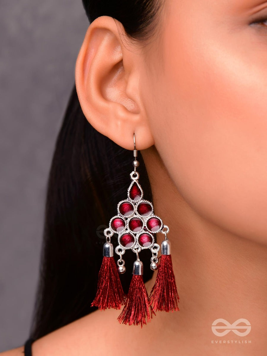 The Enamelled Tassels (Burgundy) - Embellished Oxidised Earrings