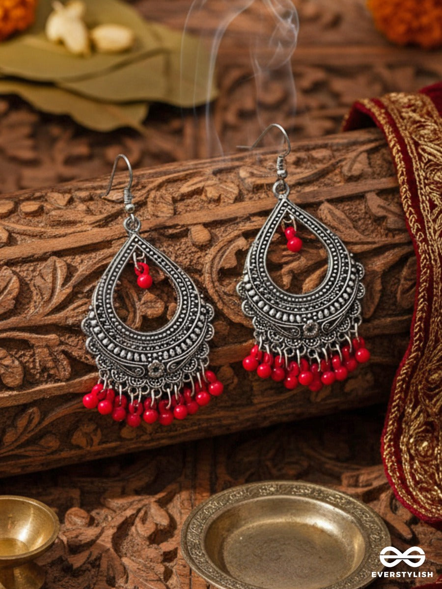 The Intricate Motif Drops - Oxidised Boho Earrings - Red