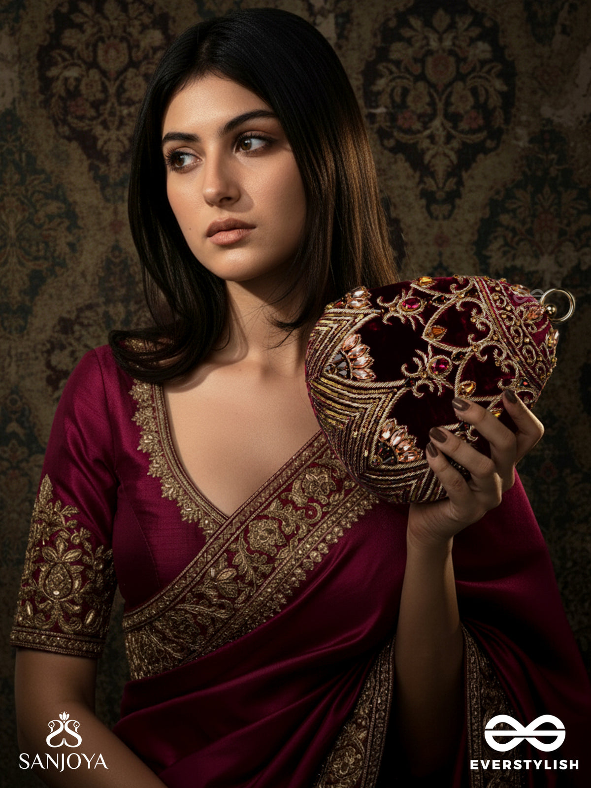Zeenat – Oval Dark Pink Velvet Clutch With Detailed Embellishment And Golden Metal Frame