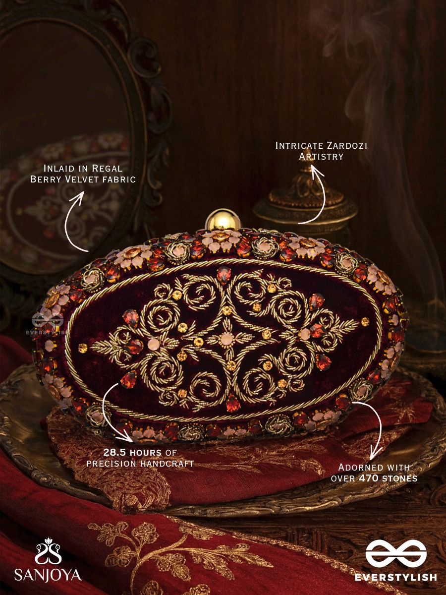 Zevariya – Heirloom-Style Oval Clutch With Intricate Zari Detailing And Golden Metal Frame